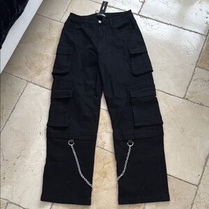 Black Cargo Pants with Chain Detail